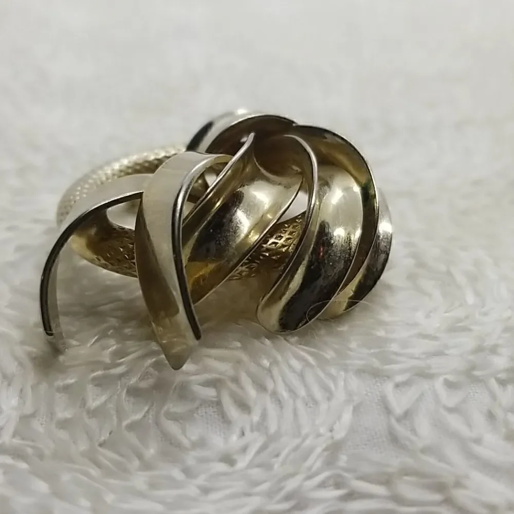 Gold Circle Pin Brooch  wrapped by gold tone ribbon style